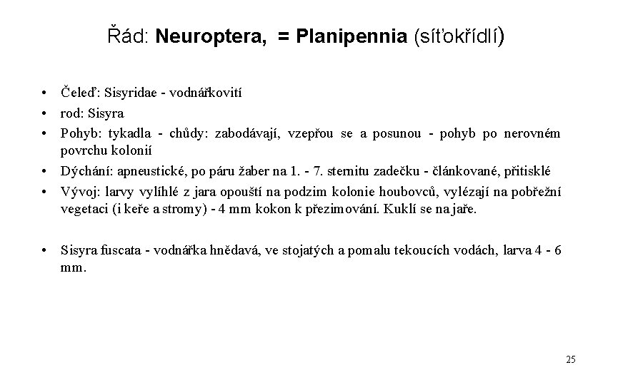 Řád: Neuroptera, = Planipennia (síťokřídlí) • Čeleď: Sisyridae - vodnářkovití • rod: Sisyra •