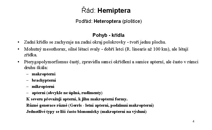 Řád: Hemiptera Podřád: Heteroptera (ploštice) Pohyb - křídla • Zadní křídlo se zachycuje na