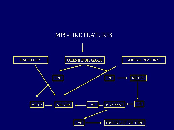 MPS-LIKE FEATURES URINE FOR GAGS RADIOLOGY +VE HISTO CLINICAL FEATURES -VE ENZYME +VE IC