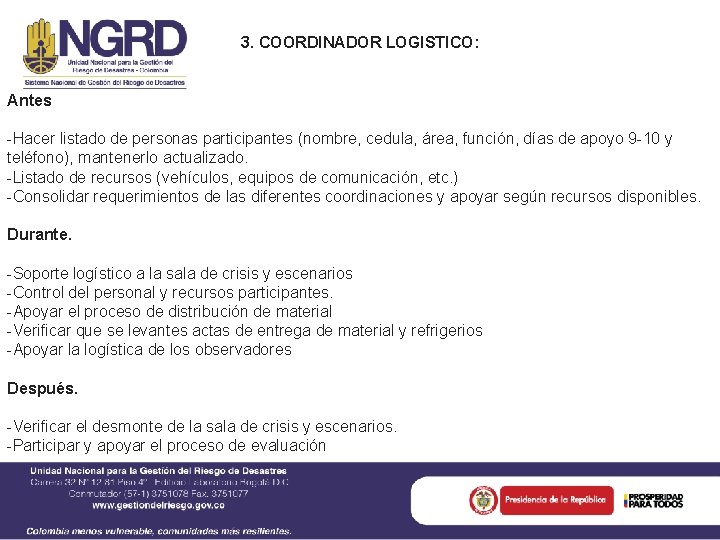 3. COORDINADOR LOGISTICO: Antes -Hacer listado de personas participantes (nombre, cedula, área, función, días