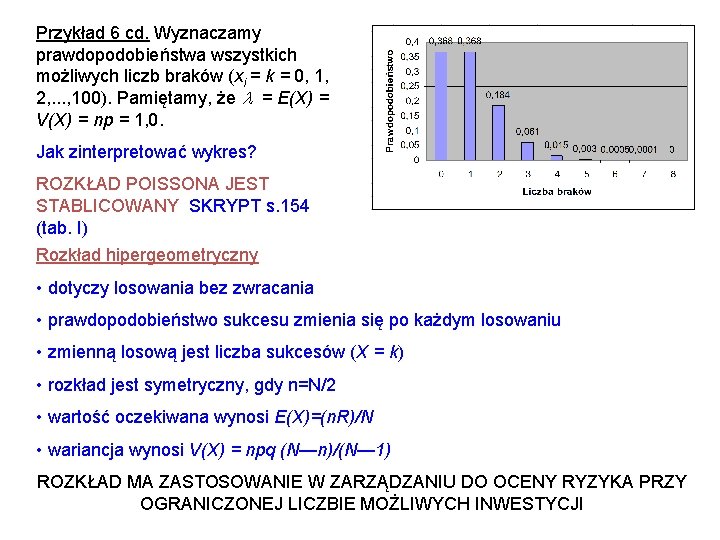Przykład 6 cd. Wyznaczamy prawdopodobieństwa wszystkich możliwych liczb braków (xi = k = 0,