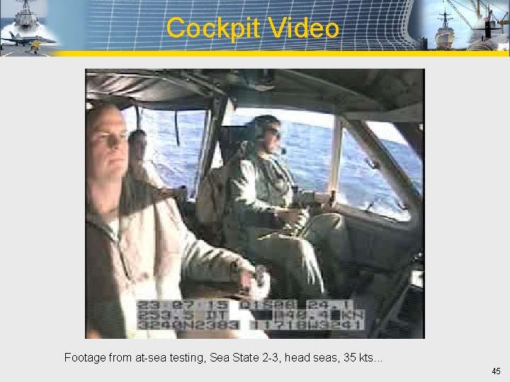 Cockpit Video Footage from at-sea testing, Sea State 2 -3, head seas, 35 kts.