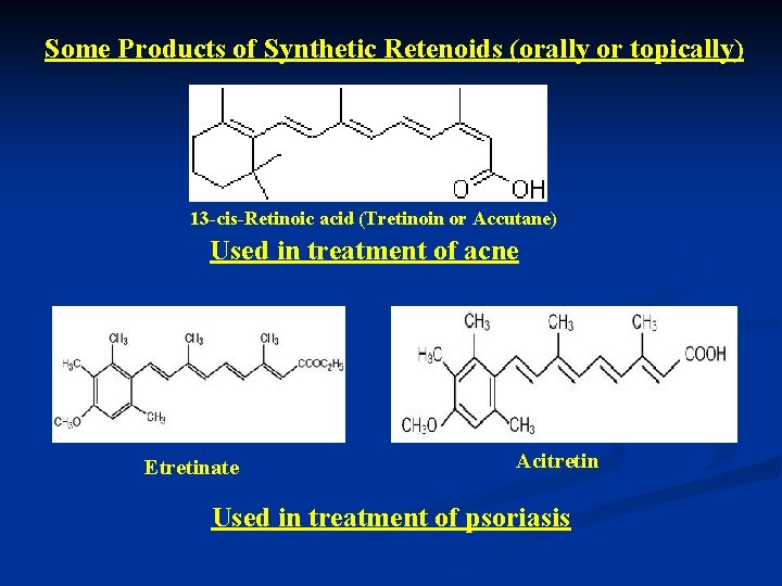 Some Products of Synthetic Retenoids (orally or topically) 13 -cis-Retinoic acid (Tretinoin or Accutane)