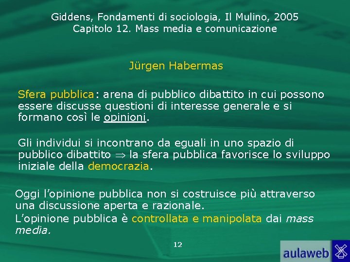 Giddens, Fondamenti di sociologia, Il Mulino, 2005 Capitolo 12. Mass media e comunicazione Jürgen