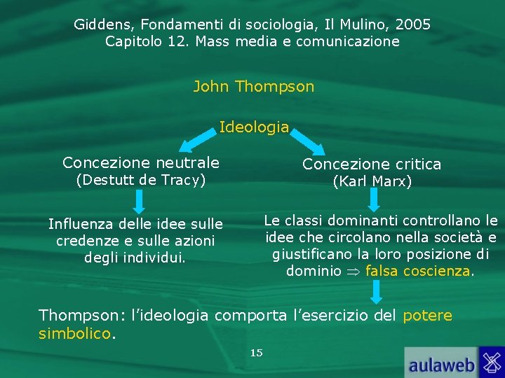 Giddens, Fondamenti di sociologia, Il Mulino, 2005 Capitolo 12. Mass media e comunicazione John