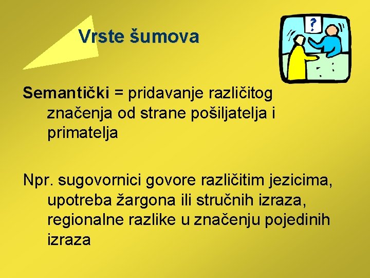  Vrste šumova Semantički = pridavanje različitog značenja od strane pošiljatelja i primatelja Npr.