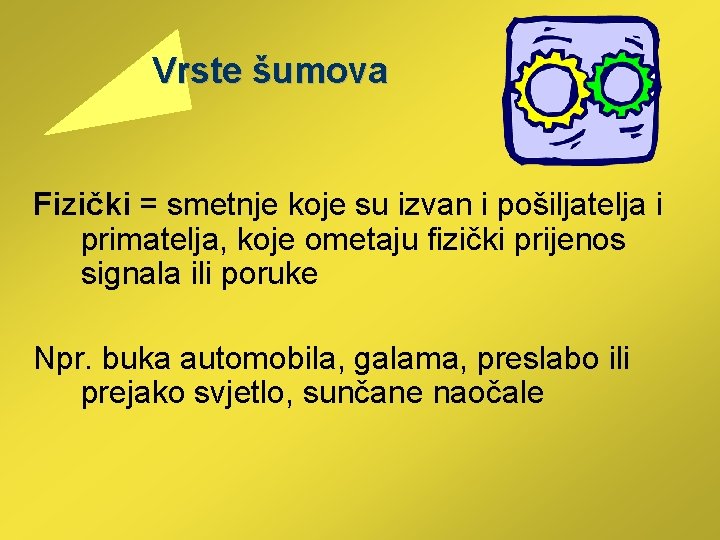  Vrste šumova Fizički = smetnje koje su izvan i pošiljatelja i primatelja, koje