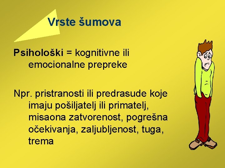  Vrste šumova Psihološki = kognitivne ili emocionalne prepreke Npr. pristranosti ili predrasude koje