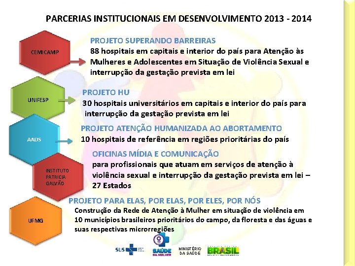 PARCERIAS INSTITUCIONAIS EM DESENVOLVIMENTO 2013 - 2014 PROJETO SUPERANDO BARREIRAS 88 hospitais em capitais
