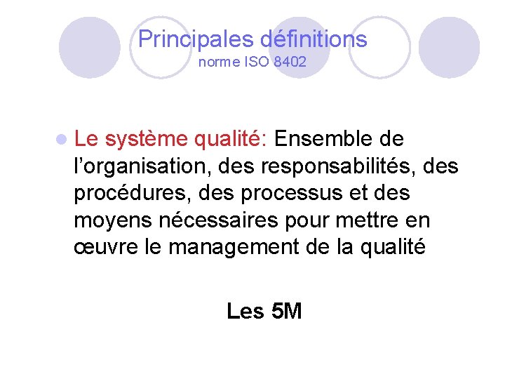Principales définitions norme ISO 8402 l Le système qualité: Ensemble de l’organisation, des responsabilités, Principales définitions norme ISO 8402 l Le système qualité: Ensemble de l’organisation, des responsabilités,