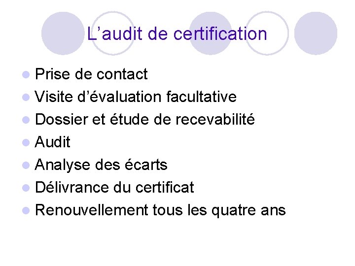 L’audit de certification l Prise de contact l Visite d’évaluation facultative l Dossier et L’audit de certification l Prise de contact l Visite d’évaluation facultative l Dossier et
