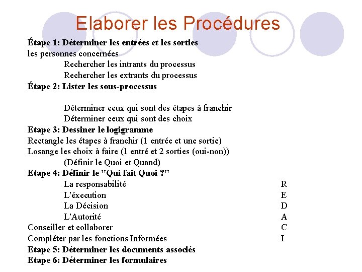 Elaborer les Procédures Étape 1: Déterminer les entrées et les sorties les personnes concernées Elaborer les Procédures Étape 1: Déterminer les entrées et les sorties les personnes concernées