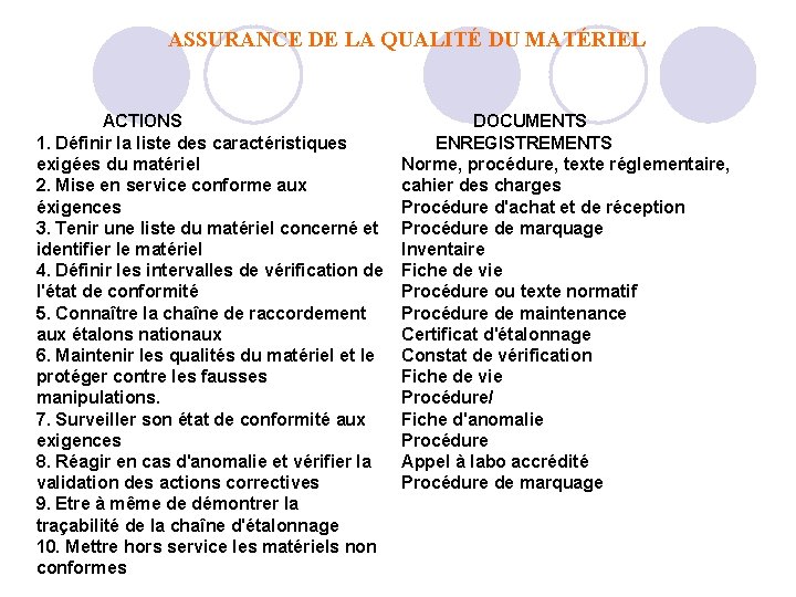 ASSURANCE DE LA QUALITÉ DU MATÉRIEL ACTIONS 1. Définir la liste des caractéristiques exigées ASSURANCE DE LA QUALITÉ DU MATÉRIEL ACTIONS 1. Définir la liste des caractéristiques exigées