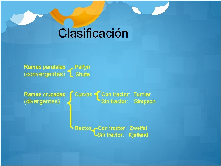 Clasificación Ramas paralelas (convergentes) Palfyn Shute Ramas cruzadas Curvos (divergentes) Rectos Con tractor: Turnier