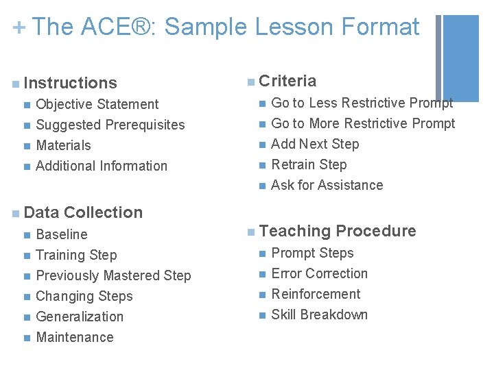 + The ACE®: Sample Lesson Format n Instructions n n Objective Statement Suggested Prerequisites