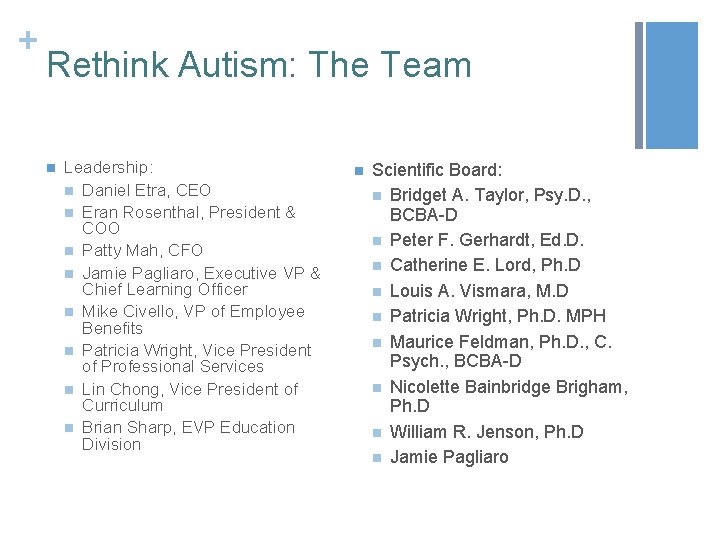 + Rethink Autism: The Team n Leadership: n Daniel Etra, CEO n Eran Rosenthal,