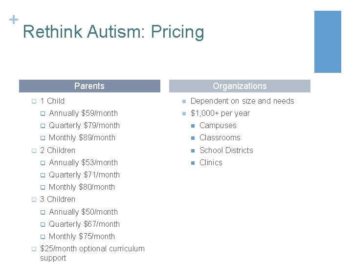 + Rethink Autism: Pricing Parents q q 1 Child Organizations n Dependent on size