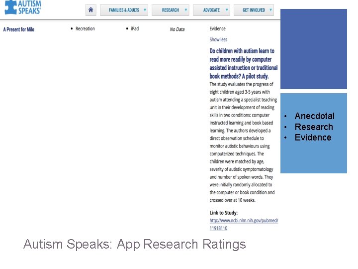  • Anecdotal • Research • Evidence + Autism Speaks: App Research Ratings 