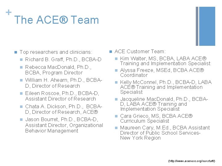 + The ACE® Team n Top researchers and clinicians: n Richard B. Graff, Ph.