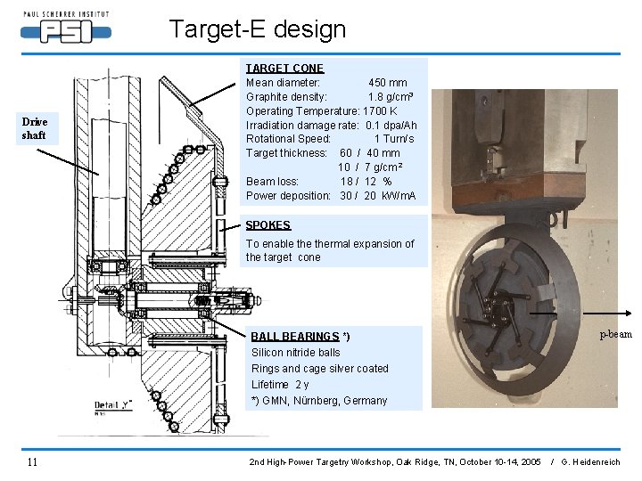 Target-E design Drive shaft TARGET CONE Mean diameter: 450 mm Graphite density: 1. 8