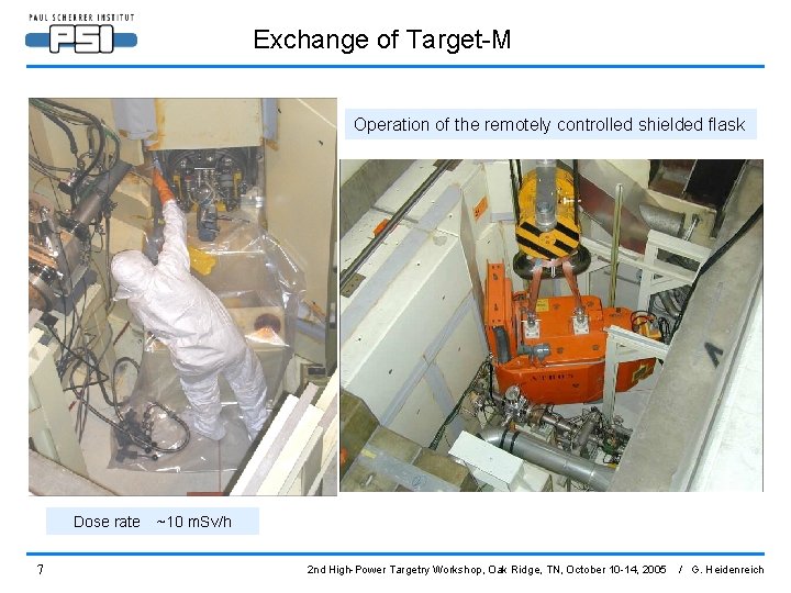 Exchange of Target-M Operation of the remotely controlled shielded flask Dose rate 7 ~10