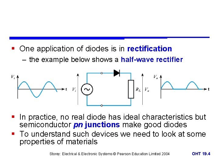 § One application of diodes is in rectification – the example below shows a