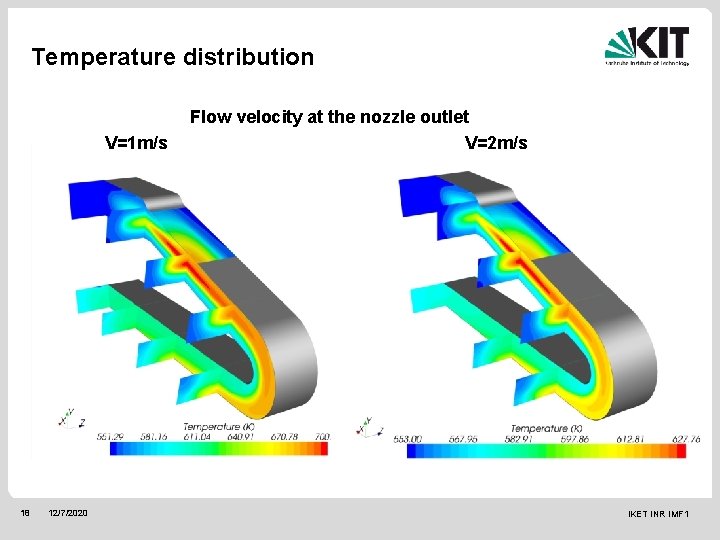 Temperature distribution V=1 m/s 18 12/7/2020 Flow velocity at the nozzle outlet V=2 m/s