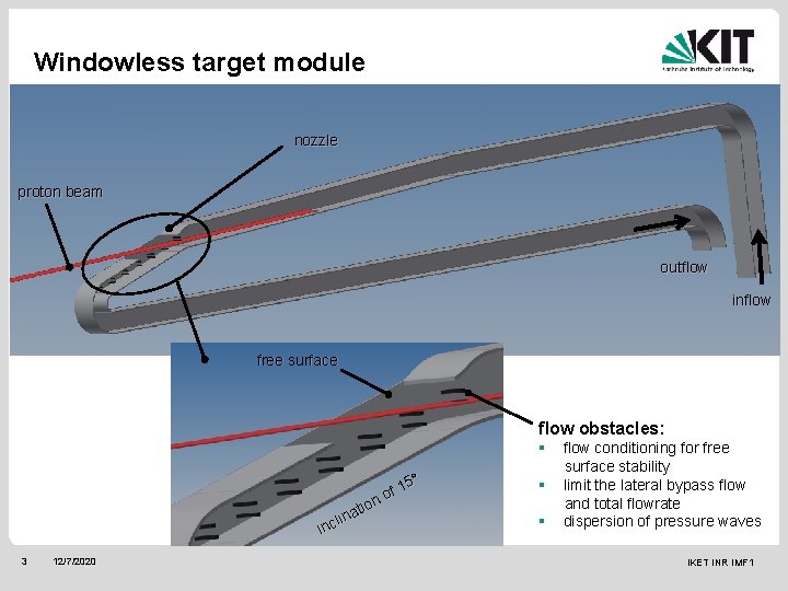 Windowless target module nozzle proton beam outflow inflow free surface flow obstacles: § °