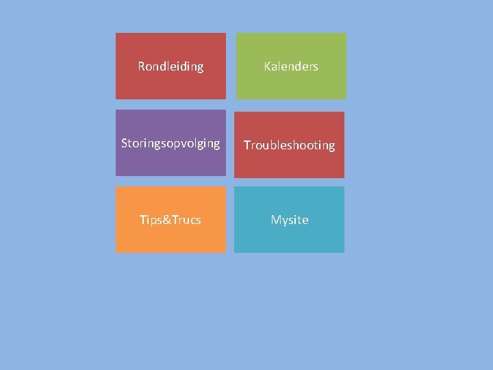 Rondleiding Kalenders Storingsopvolging Troubleshooting Tips&Trucs Mysite Rondleiding Kalenders Storingsopvolging Troubleshooting Tips&Trucs Mysite