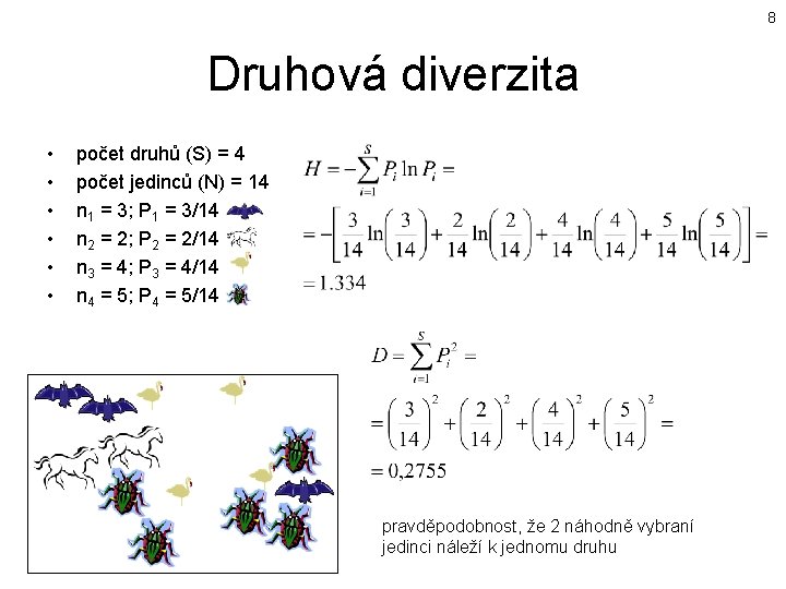 8 Druhová diverzita • • • počet druhů (S) = 4 počet jedinců (N)