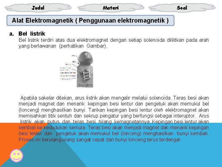 Judul Materi Soal Alat Elektromagnetik ( Penggunaan elektromagnetik ) a. Bel listrik terdiri atas Judul Materi Soal Alat Elektromagnetik ( Penggunaan elektromagnetik ) a. Bel listrik terdiri atas