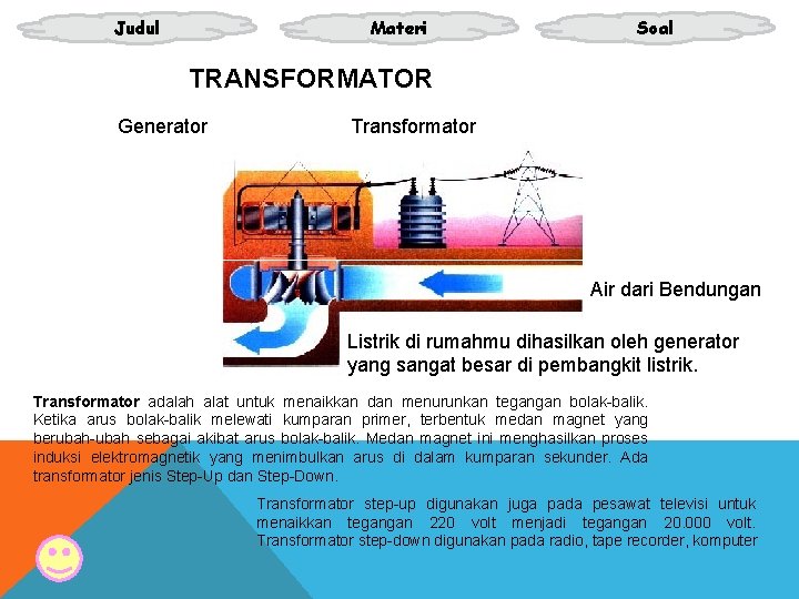 Judul Materi Soal TRANSFORMATOR Generator Transformator Air dari Bendungan Listrik di rumahmu dihasilkan oleh Judul Materi Soal TRANSFORMATOR Generator Transformator Air dari Bendungan Listrik di rumahmu dihasilkan oleh