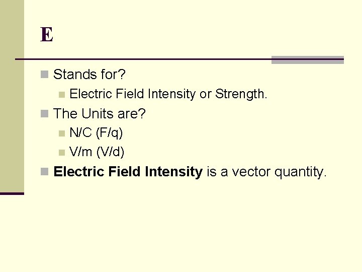 E n Stands for? n Electric Field Intensity or Strength. n The Units are?