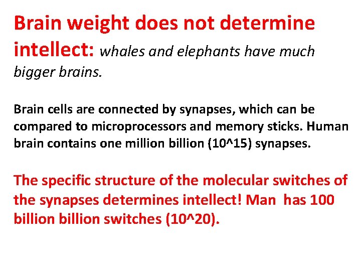 Brain weight does not determine intellect: whales and elephants have much bigger brains. Brain