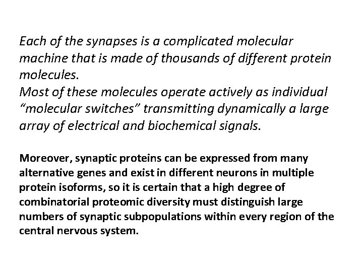 Each of the synapses is a complicated molecular machine that is made of thousands