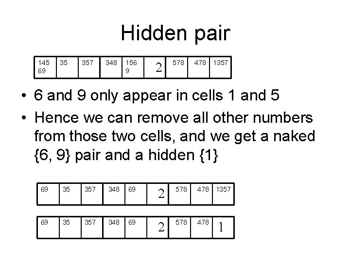 Hidden pair 145 69 35 357 348 156 9 2 578 478 1357 • Hidden pair 145 69 35 357 348 156 9 2 578 478 1357 •