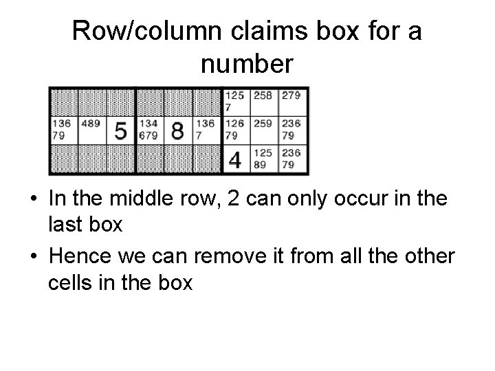 Row/column claims box for a number • In the middle row, 2 can only Row/column claims box for a number • In the middle row, 2 can only