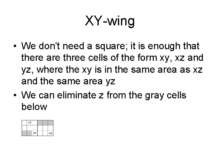 XY-wing • We don’t need a square; it is enough that there are three XY-wing • We don’t need a square; it is enough that there are three