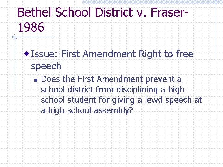 Bethel School District v. Fraser 1986 Issue: First Amendment Right to free speech n