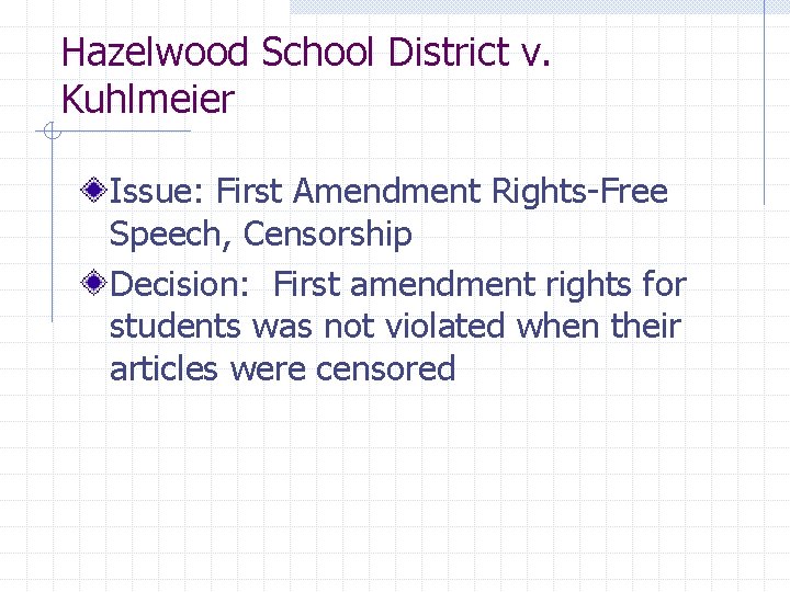 Hazelwood School District v. Kuhlmeier Issue: First Amendment Rights-Free Speech, Censorship Decision: First amendment