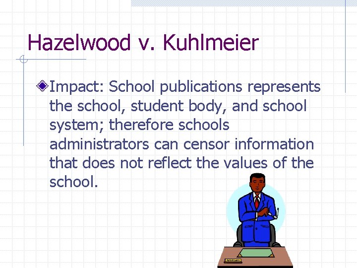 Hazelwood v. Kuhlmeier Impact: School publications represents the school, student body, and school system;