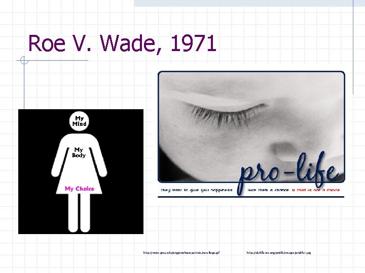 Roe V. Wade, 1971 http: //www. gmu. edu/org/prochoicepatriots/narallogo. gif http: //darkflame. org/prolife/images/prolife 1. jpg