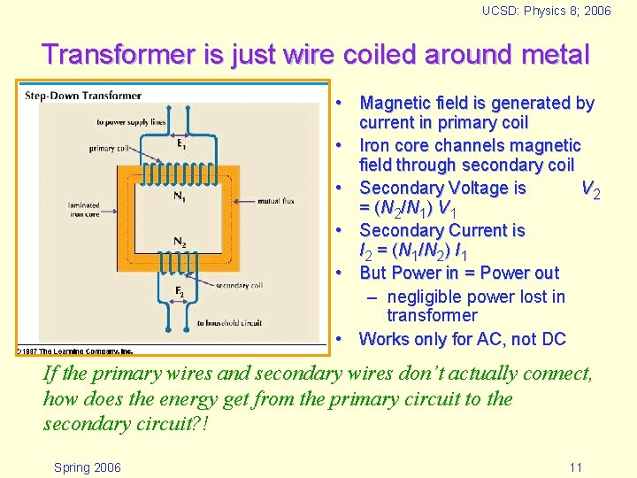 UCSD: Physics 8; 2006 Transformer is just wire coiled around metal • Magnetic field UCSD: Physics 8; 2006 Transformer is just wire coiled around metal • Magnetic field