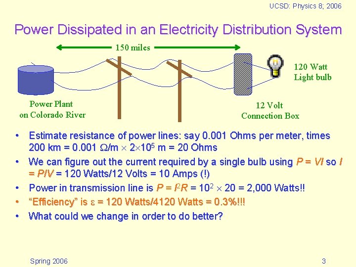 UCSD: Physics 8; 2006 Power Dissipated in an Electricity Distribution System 150 miles 120 UCSD: Physics 8; 2006 Power Dissipated in an Electricity Distribution System 150 miles 120