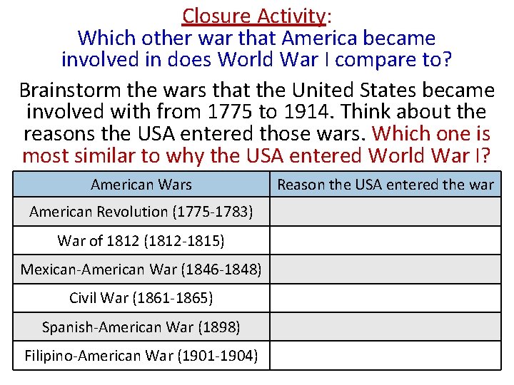 Closure Activity: Which other war that America became involved in does World War I