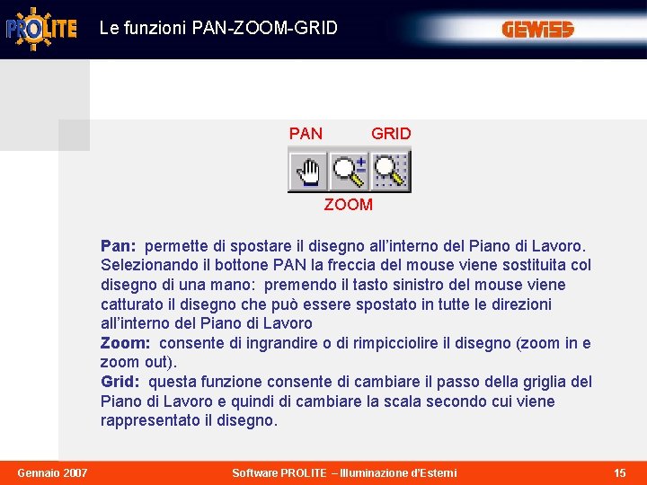 Le funzioni PAN-ZOOM-GRID PAN GRID ZOOM Pan: permette di spostare il disegno all’interno del