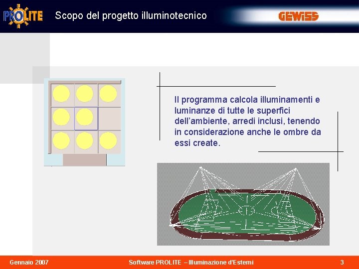 Scopo del progetto illuminotecnico Il programma calcola illuminamenti e luminanze di tutte le superfici