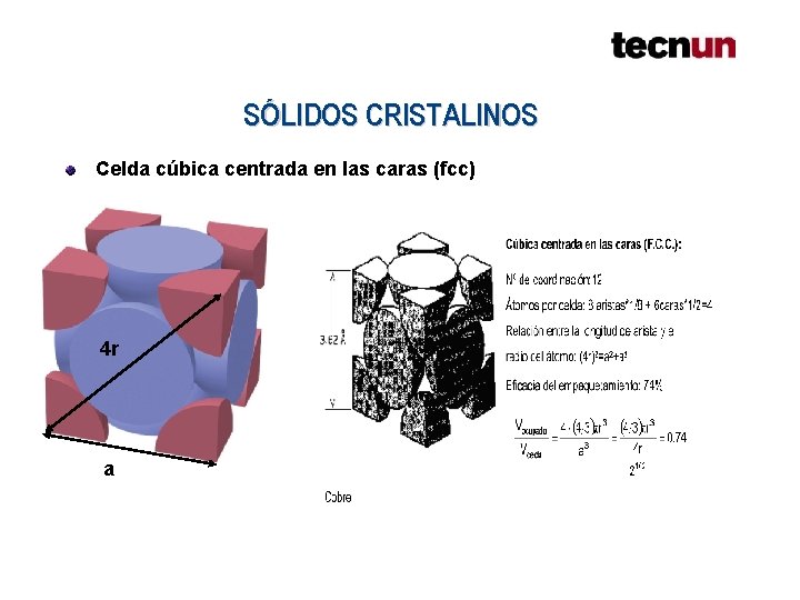 SÓLIDOS CRISTALINOS Celda cúbica centrada en las caras (fcc) 4 r a SÓLIDOS CRISTALINOS Celda cúbica centrada en las caras (fcc) 4 r a