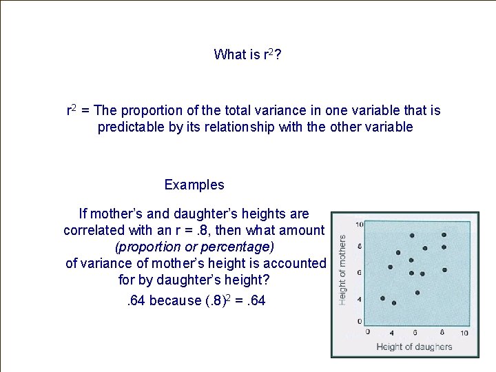 What is r 2? r 2 = The proportion of the total variance in