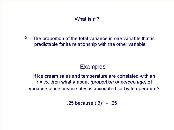 What is r 2? r 2 = The proportion of the total variance in